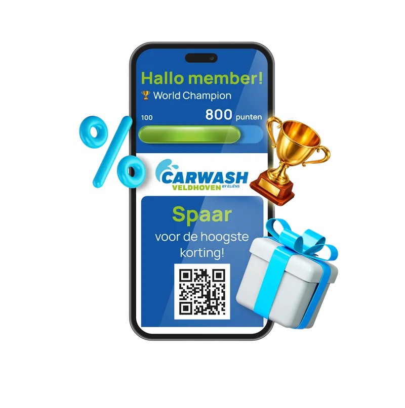 Carwash Veldhoven app met World Champion scherm en QR code